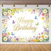 Lofaris Colorful Floral Happy Birthday Backdrop with Golden Glitter Elegant Butterfly Photo Background for Party Decoration