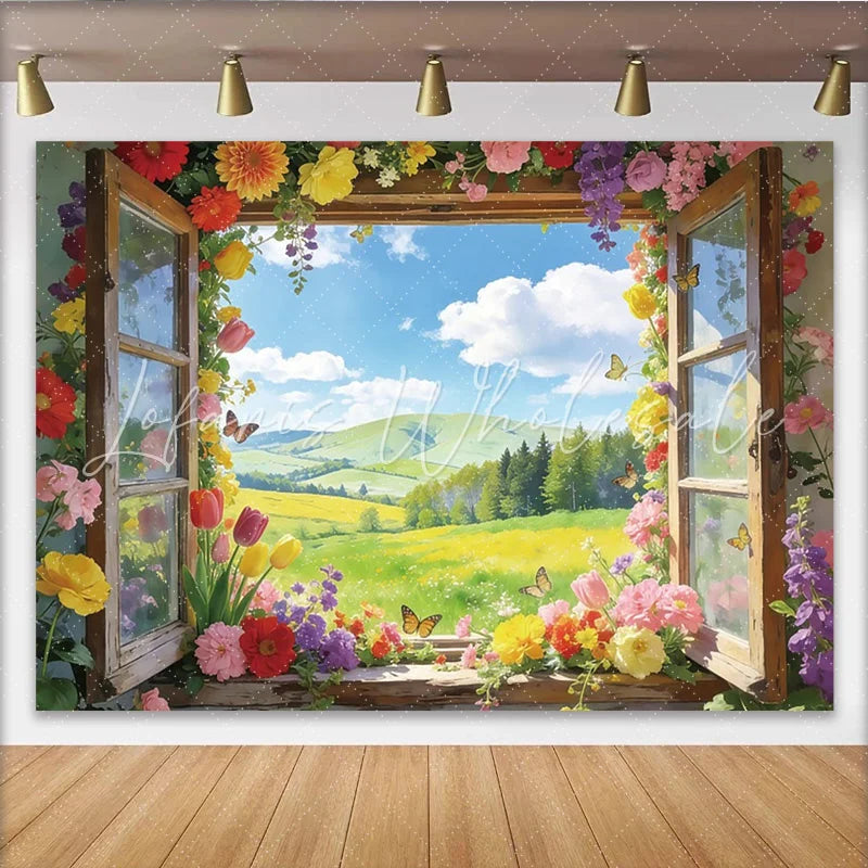Lofaris Colorful Floral Window Photography Backdrop with Spring Landscape Beautiful Nature Scene for Studio Photoshoot