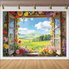 Lofaris Colorful Floral Window Photography Backdrop with Spring Landscape Beautiful Nature Scene for Studio Photoshoot