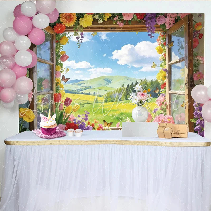 Lofaris Colorful Floral Window Photography Backdrop with Spring Landscape Beautiful Nature Scene for Studio Photoshoot