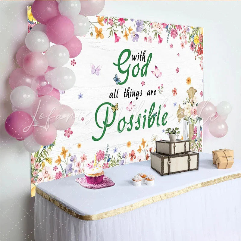 Lofaris Colorful Floral With God All Things Are Possible Party Backdrop Rustic Cross and Butterfly Design