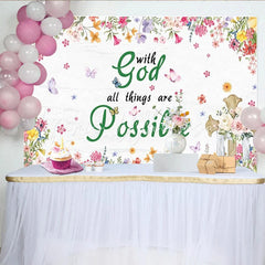 Lofaris Colorful Floral With God All Things Are Possible Party Backdrop Rustic Cross and Butterfly Design