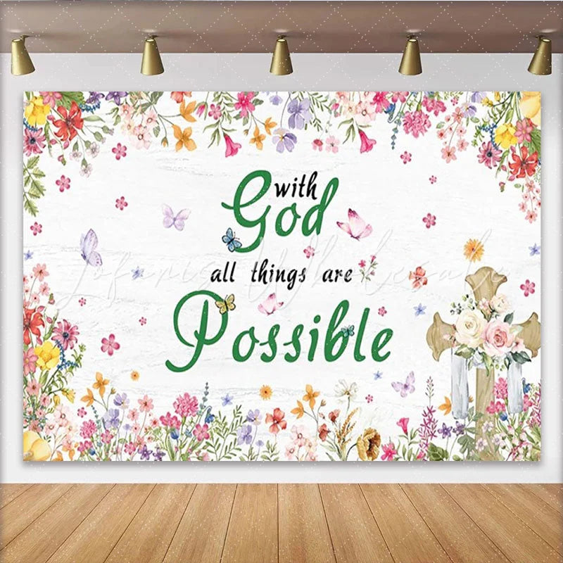 Lofaris Colorful Floral With God All Things Are Possible Party Backdrop Rustic Cross and Butterfly Design