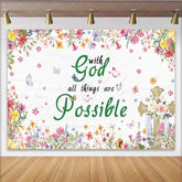 Lofaris Colorful Floral With God All Things Are Possible Party Backdrop Rustic Cross and Butterfly Design