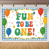 Lofaris Colorful Fun To Be One 1st Birthday Backdrop Balloons and Party Hat Gingham Border Background for Baby’s Party