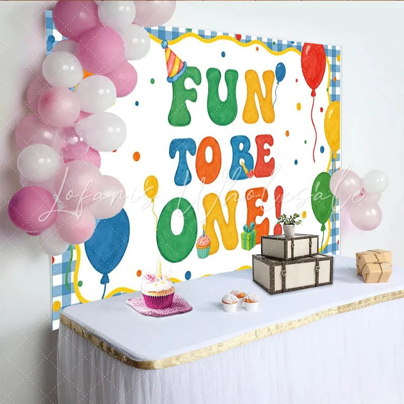 Lofaris Colorful Fun To Be One 1st Birthday Backdrop Balloons and Party Hat Gingham Border Background for Baby’s Party
