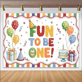 Lofaris Colorful FUN TO BE ONE 1st Birthday Backdrop with Balloons Cake and Gifts Party Decoration for Baby Boy or Girl Photoshoot