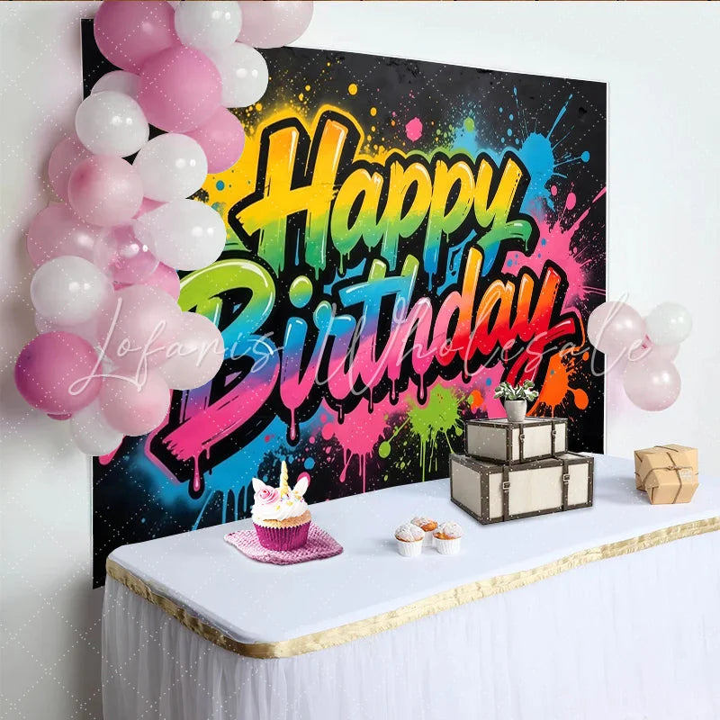 Lofaris Colorful Graffiti Happy Birthday Backdrop with Paint Splatter Vibrant Party Background for Celebration Photo Booth