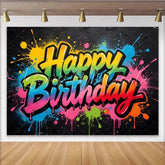 Lofaris Colorful Graffiti Happy Birthday Backdrop with Paint Splatter Vibrant Party Background for Celebration Photo Booth