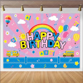 Lofaris Colorful Happy Birthday Cartoon Birthday Backdrop with Rainbow Playful Hot Air Balloons School Bus Background for Kids Party Decor
