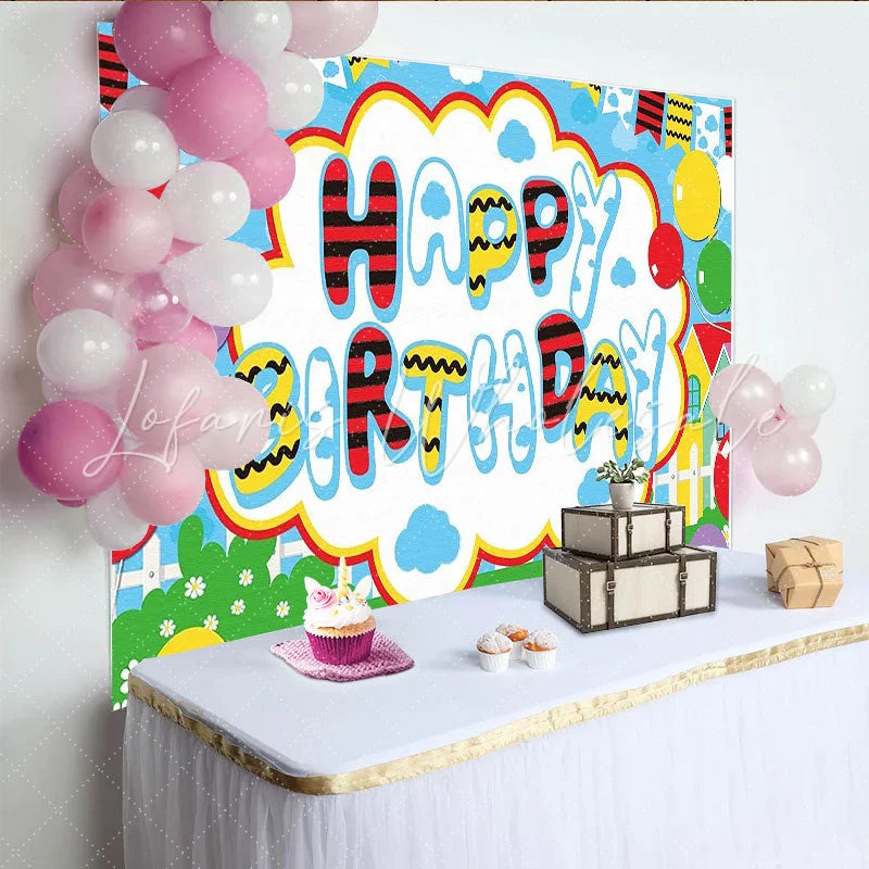 Lofaris Colorful Happy Birthday Party Backdrop Vibrant Cartoon Style Celebration Decor for Kids