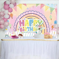 Lofaris Colorful Happy Birthday Party Backdrop with Rainbow Hot Air Balloons and Sweet Donuts for Kids Celebration