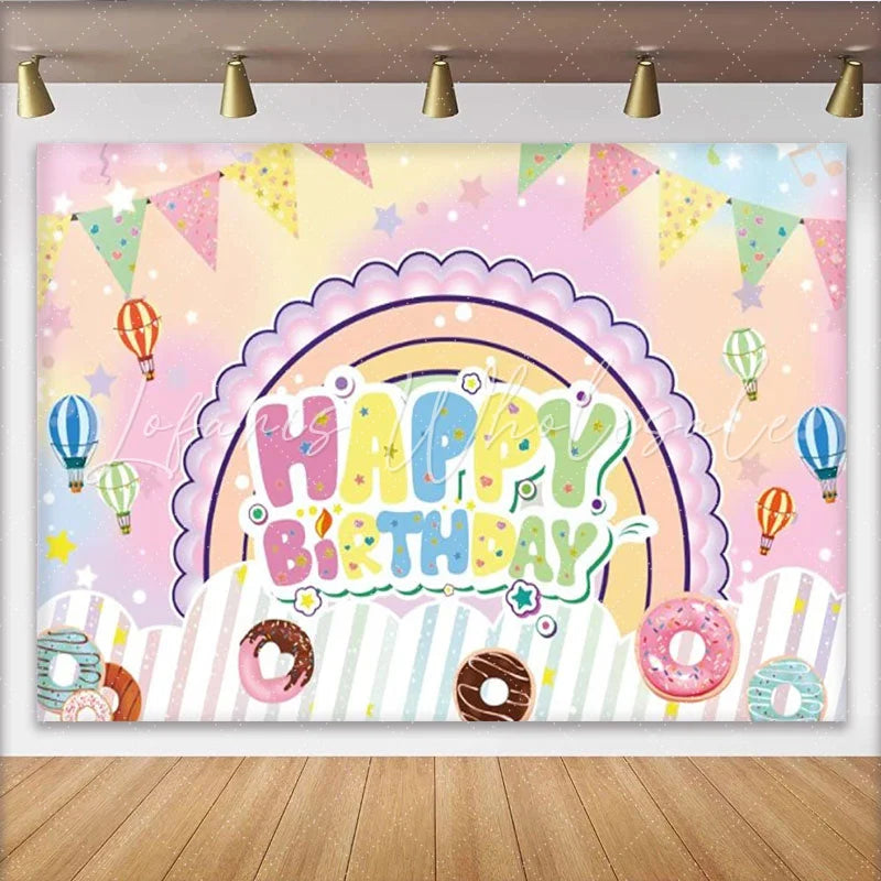 Lofaris Colorful Happy Birthday Party Backdrop with Rainbow Hot Air Balloons and Sweet Donuts for Kids Celebration