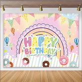 Lofaris Colorful Happy Birthday Party Backdrop with Rainbow Hot Air Balloons and Sweet Donuts for Kids Celebration