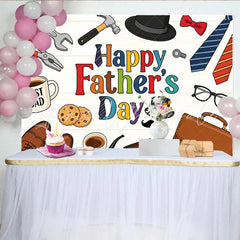 Lofaris Colorful Happy Fathers Day Backdrop with Tools Ties and Best Dad Coffee Mug Wood Texture Background for Party Decor