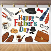 Lofaris Colorful Happy Fathers Day Backdrop with Tools Ties and Best Dad Coffee Mug Wood Texture Background for Party Decor