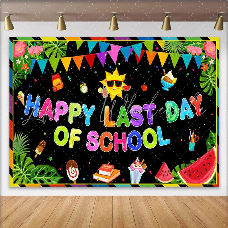 Lofaris Colorful Happy Last Day of School Backdrop with Summer Sun and Ice Cream Vibrant Party Background for Celebration