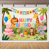 Lofaris Colorful Jungle Animal Happy Birthday Backdrop for Kids Party Cute Safari Theme Photo Background for Celebration Decor