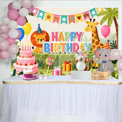 Lofaris Colorful Jungle Animal Happy Birthday Backdrop for Kids Party Cute Safari Theme Photo Background for Celebration Decor