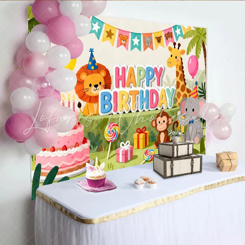 Lofaris Colorful Jungle Animal Happy Birthday Backdrop for Kids Party Cute Safari Theme Photo Background for Celebration Decor