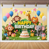 Lofaris Colorful Jungle Animals Happy Birthday Backdrop Safari Theme Cake and Balloons Party Decor