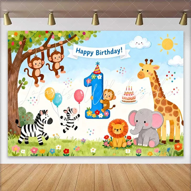 Lofaris Colorful Jungle Safari Animals First Birthday Backdrop featuring a Number One and Happy Birthday Banner for a Wild One Celebration