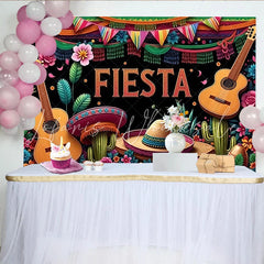 Lofaris Colorful Mexican Fiesta Backdrop with Guitars and Sombreros Vibrant Party Background for Celebration Decor