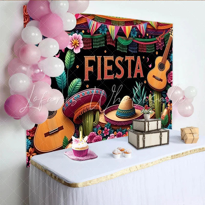 Lofaris Colorful Mexican Fiesta Backdrop with Guitars and Sombreros Vibrant Party Background for Celebration Decor