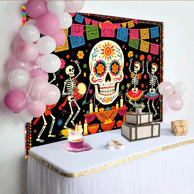 Lofaris Colorful Mexican Fiesta Backdrop with Sugar Skull and Papel Picado Festive Day of the Dead Photography Background