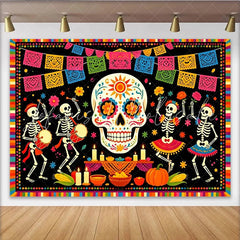 Lofaris Colorful Mexican Fiesta Backdrop with Sugar Skull and Papel Picado Festive Day of the Dead Photography Background