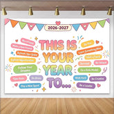 Lofaris Colorful Motivational Happy New Year Backdrop with Pennants and Confetti Inspirational Photo Background for Celebration Party Decor