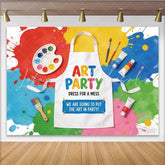 Lofaris Colorful Paint Splatter Art Party Birthday Backdrop with Apron and Brushes Creative Photo Booth Background for Kids Celebration