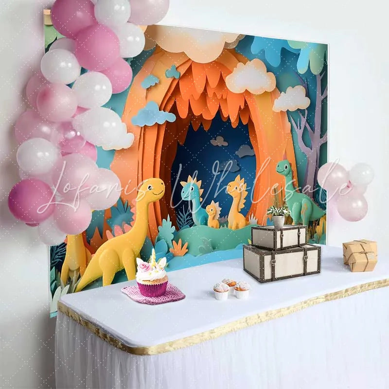 Lofaris Colorful Paper Cut Style Cute Dinosaur Jungle Birthday Cake Smash Backdrop Baby Birthday Party Photo Booth