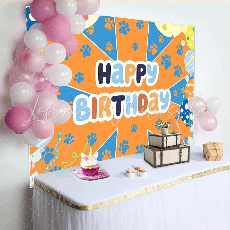 Lofaris Colorful Paw Print Happy Birthday Backdrop with Balloons Vibrant Party Background for Pet Themed Photoshoot