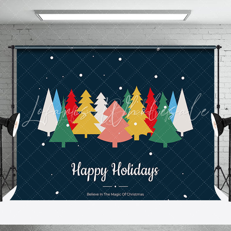 Lofaris Colorful Pine Trees Blue Happy Holidays Backdrop