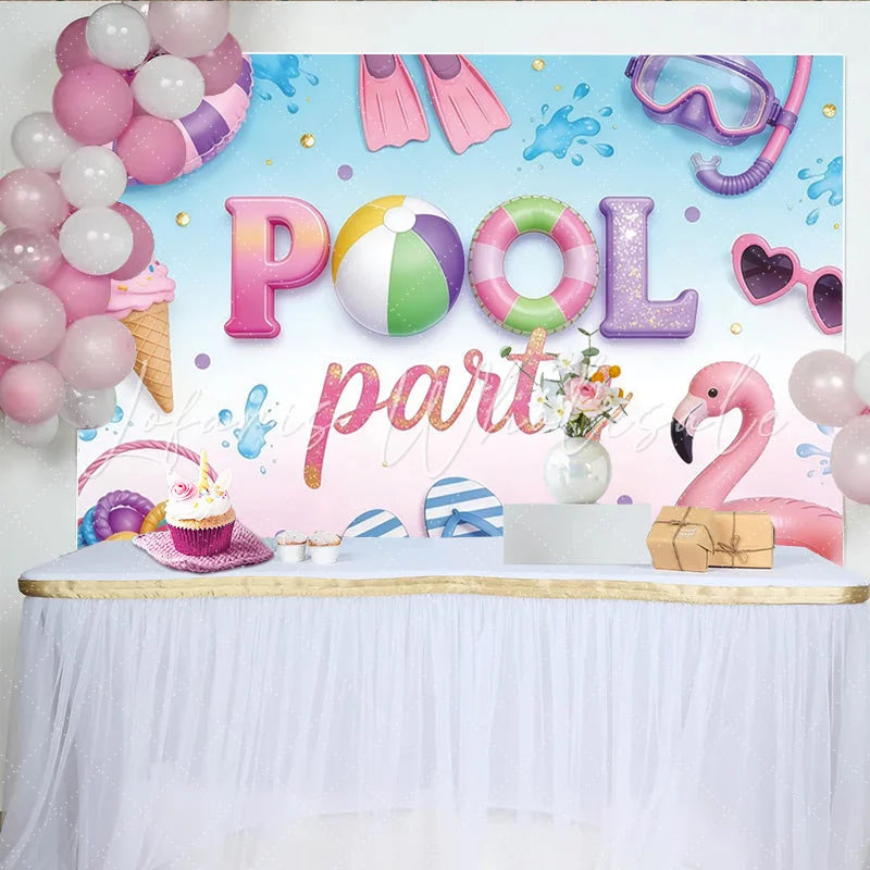 Lofaris Colorful Pool Party Birthday Backdrop with Flamingo and Ice Cream Summer Photo Booth Background for Kids Celebration