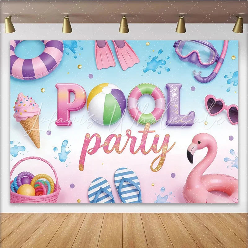 Lofaris Colorful Pool Party Birthday Backdrop with Flamingo and Ice Cream Summer Photo Booth Background for Kids Celebration