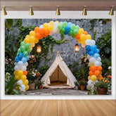 Lofaris Colorful Rainbow Balloon Arch and Teepee Tent Birthday Cake Smash Backdrop Outdoor Party Decor