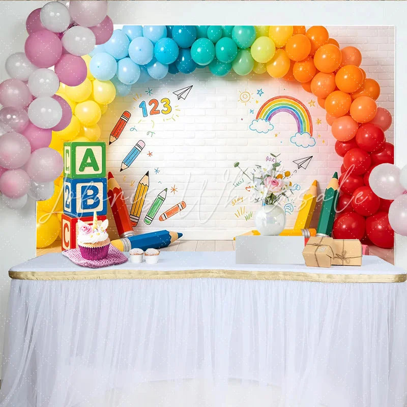 Lofaris Colorful School Photography Backdrop with ABC Blocks and Rainbow Balloons Vibrant Background for Kids Photoshoot and Party