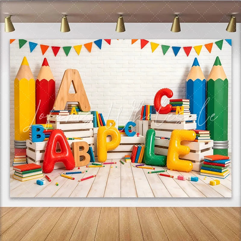 Lofaris Colorful School Photography Backdrop with Giant Pencils Letters Books Educational Classroom Background for Kids Photoshoot