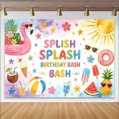 Lofaris Colorful Splish Splash Birthday Backdrop with Flamingo Summer Pool Party Background for Kids Photoshoot and Decor