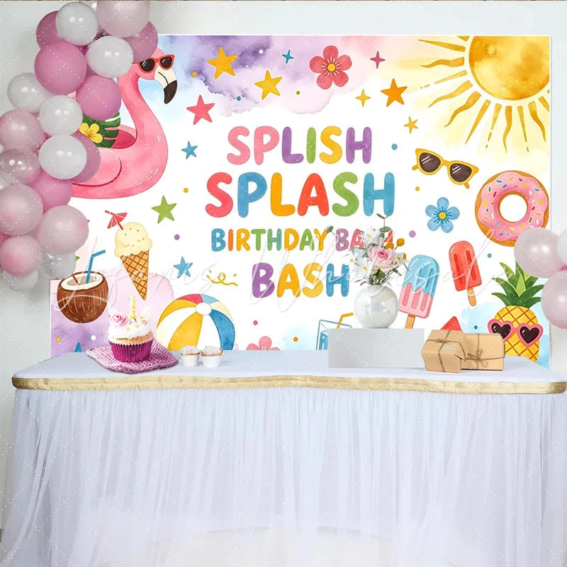 Lofaris Colorful Splish Splash Birthday Backdrop with Flamingo Summer Pool Party Background for Kids Photoshoot and Decor