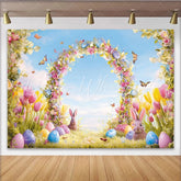 Lofaris Colorful Spring Easter Backdrop Floral Arch with Cute Bunnies and Decorated Eggs Party Photography