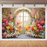 Lofaris Colorful Spring Floral Easter Backdrop with Bunnies and Eggs Arched Doorway Party Decor