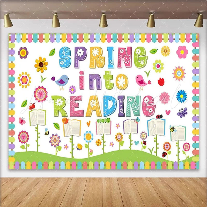 Lofaris Colorful Spring Reading Photography Backdrop with Flowers Birds Whimsical Educational Background for Classroom Decor