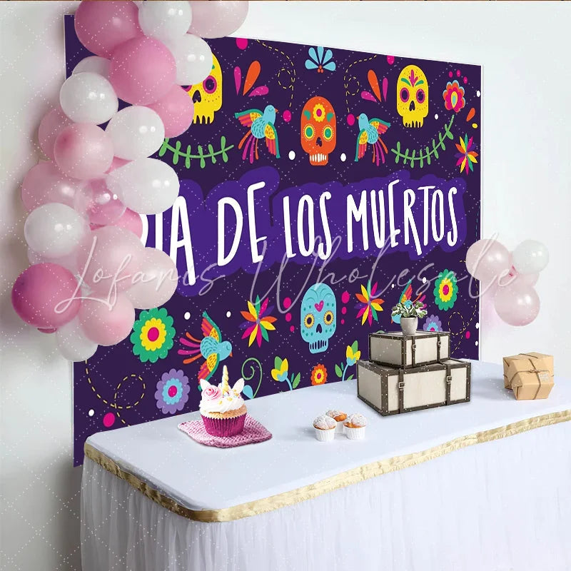 Lofaris Colorful Sugar Skull Dia de los Muertos Backdrop with Birds and Flowers Vibrant Mexican Holiday Background for Fiesta Party