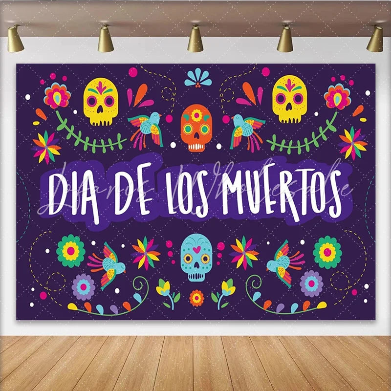 Lofaris Colorful Sugar Skull Dia de los Muertos Backdrop with Birds and Flowers Vibrant Mexican Holiday Background for Fiesta Party