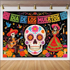 Lofaris Colorful Sugar Skull Dia de los Muertos Holiday Backdrop with Skeletons and Marigolds Vibrant Festive for Mexican Themed Parties