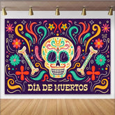 Lofaris Colorful Sugar Skull Dia de Muertos Mexican Fiesta Backdrop with Floral Patterns and Bones Vibrant Party Decoration for Photography