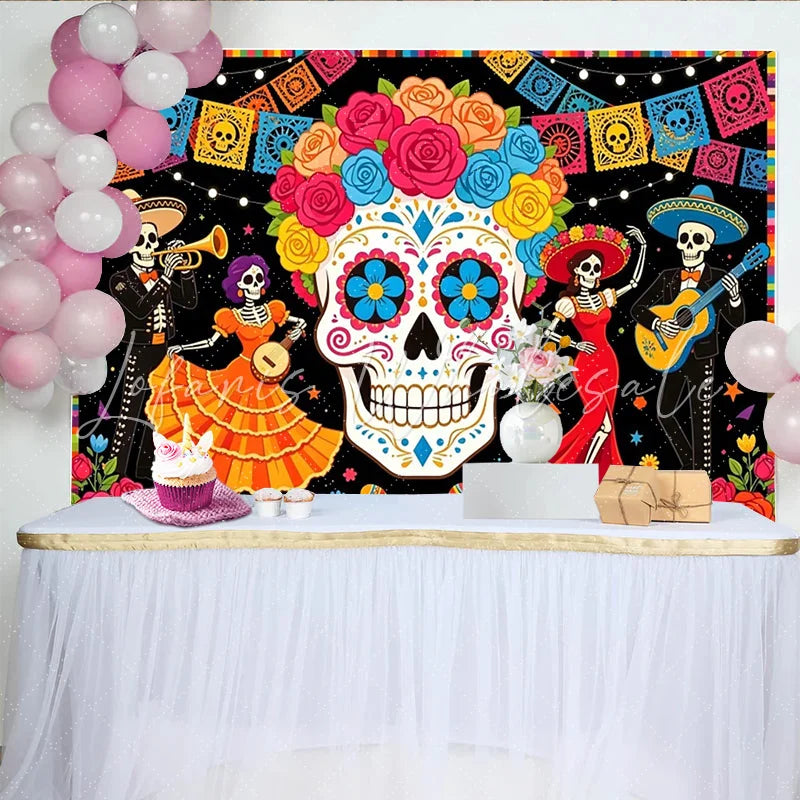 Lofaris Colorful Sugar Skull Mexican Fiesta Backdrop with Dancing Skeletons and Papel Picado Vibrant Party Decoration for Celebration
